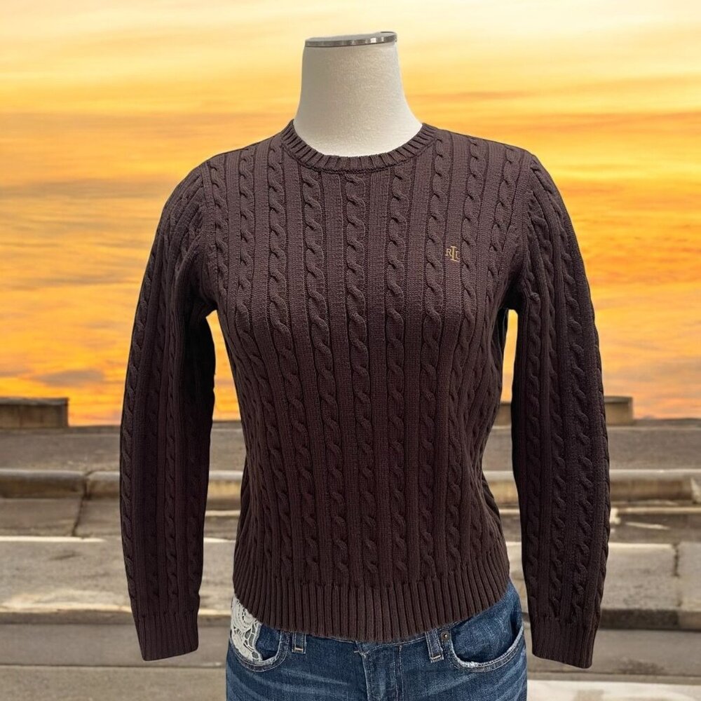 Lauren Ralph Lauren Cable Knit Sweater Classic Preppy Petite 100% Cotton Cozy - Picture 1 of 7